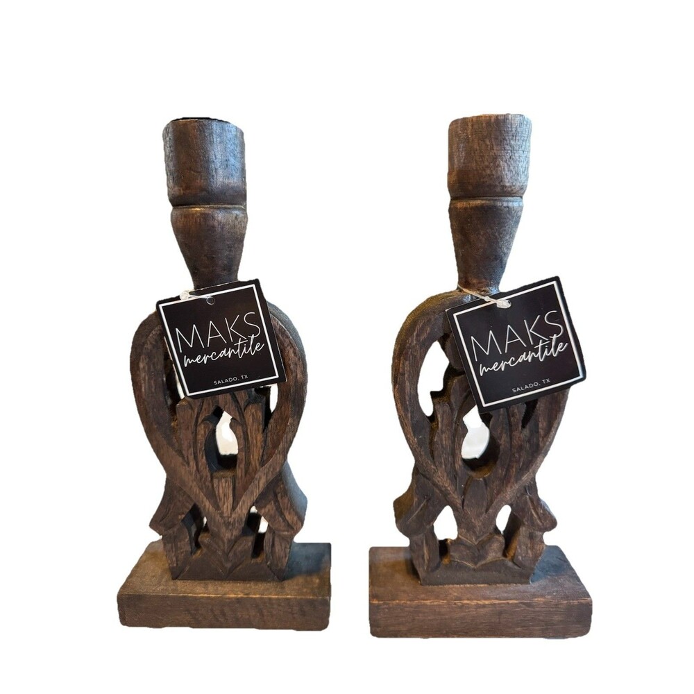 Creative Co-Op Hand-Carved Mango Wood Taper Holders, Walnut Finish, Set of 2 New